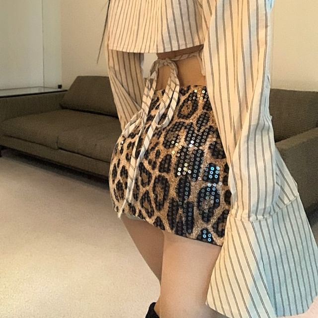 Shirt Waist Up Pencil Long-Sleeve Print Striped / Skirt Mini Button High Collared Leopard