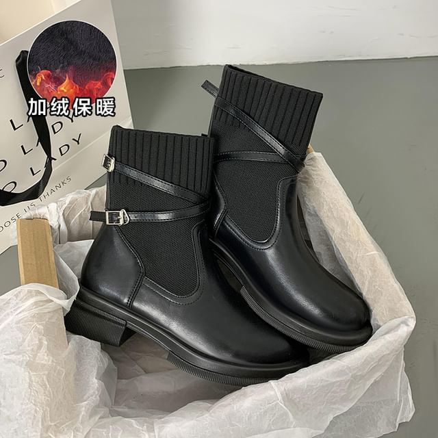 Platform Buckled Short Knit Boots Panel