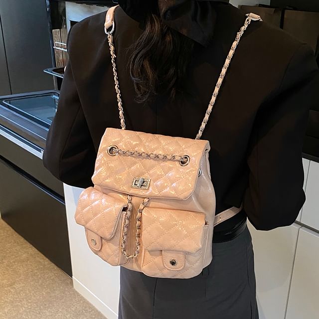 Quilted Strap Faux Leather Chain Backpack