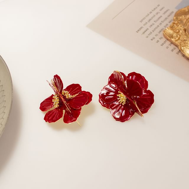 Earring Clip Enamel On Flower / Stud