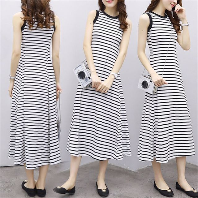 Crew Dress A-Line Striped Neck Midi Tank