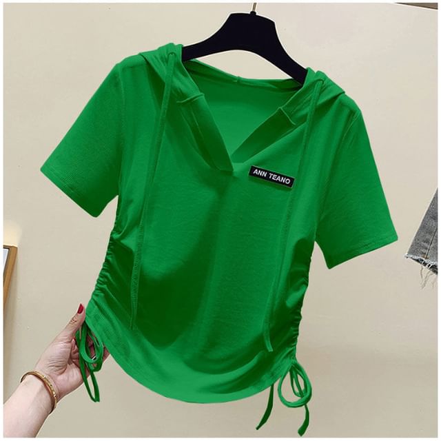 Drawstring Short-Sleeve V-Neck Lettering Tee