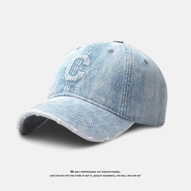 Distressed Embroidered Washed Baseball Lettering Cap Denim