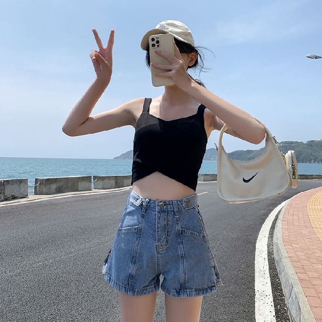 High Waist Washed Zip Denim Print Lettering Slit Shorts