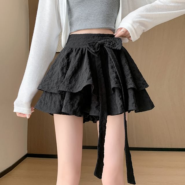 Skirt Waist High Bow Plain Mini A-Line Ruffle
