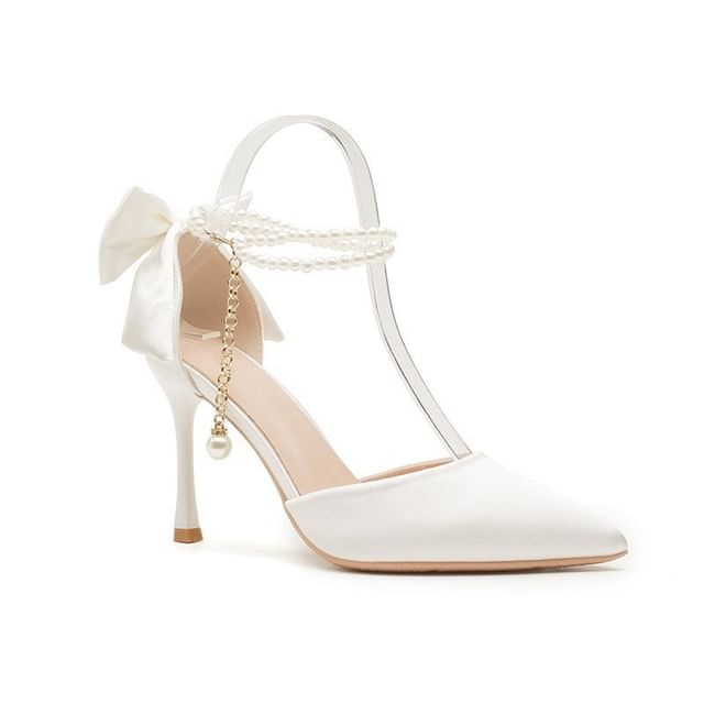 Strap Bow Sandals Stiletto Faux Heel Pearl