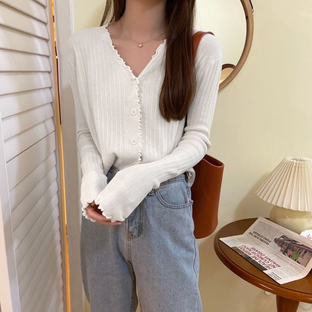 Cardigan Ribbed Knit V-Neck Plain Cropped