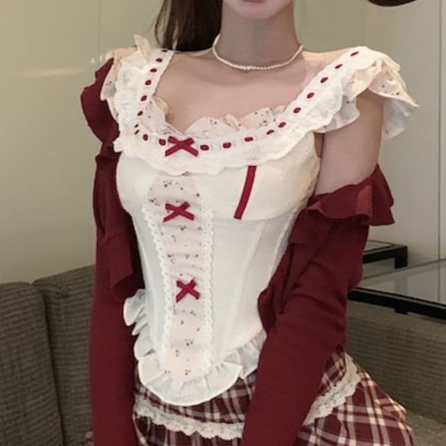 Top Panel A-Line Cardigan / Print Plaid Skirt Floral Striped Ruffle High Bow Sleeveless Waist Mini