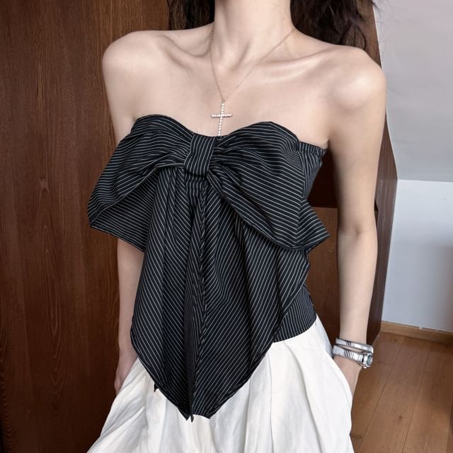 Crop Waist Tube Pants Striped Plain Bow Accent Leg / Top High Wide