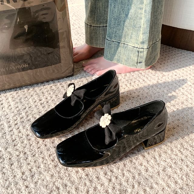 Bow Jane Toe Square Flower Pumps Mary Heel Block
