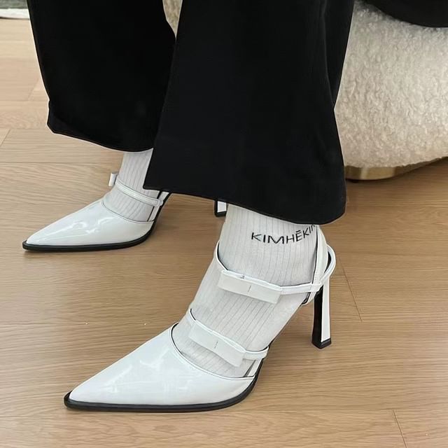 Bow Leather Patent Toe Stiletto Sandals Ankle Pointed Strap Accent