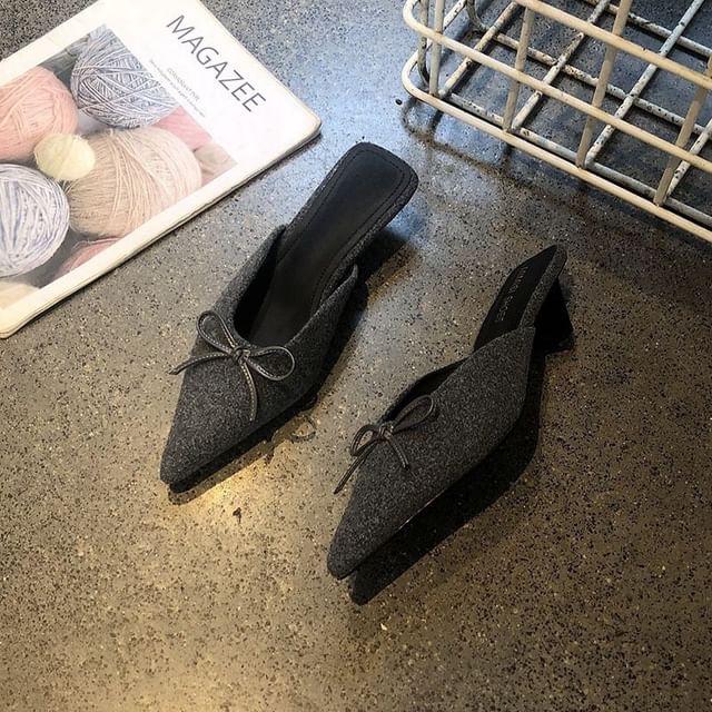 Accent Chunky Bow Pointed Heel Toe Plain Mules