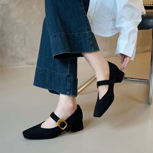 Pumps Suede Chunky Buckled Heel Jane Mary Faux