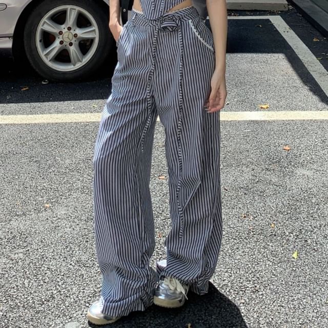 Tube Waist Top Pants Striped Wide Leg / Mid Strapless