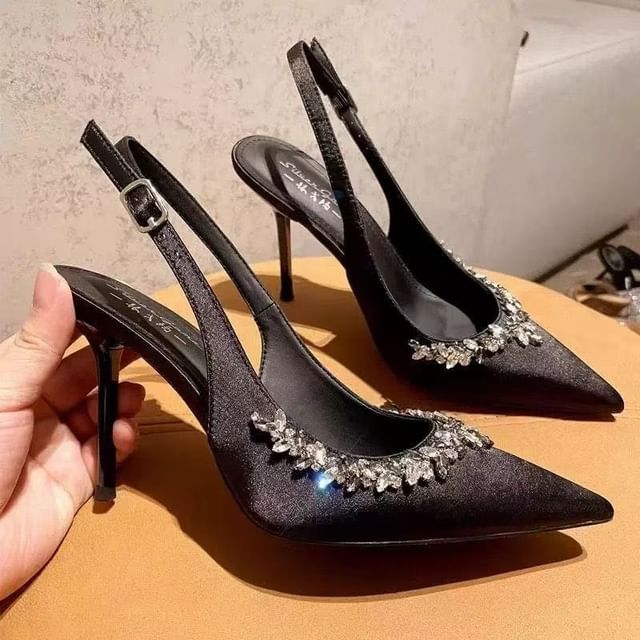 Rhinestone Toe Sandals Stiletto Heel Pointed Slingback
