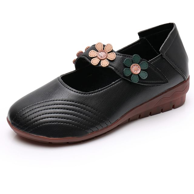Detail Leather Faux Mary Flower Jane Shoes