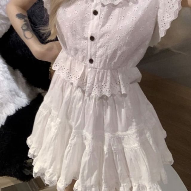 Embroidered Waist A-Line Blouse Mini Plain Trim High Skirt Cap-Sleeve Flower Lace /