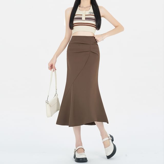 Midi Skirt Waist Fishtail Ruched High Plain