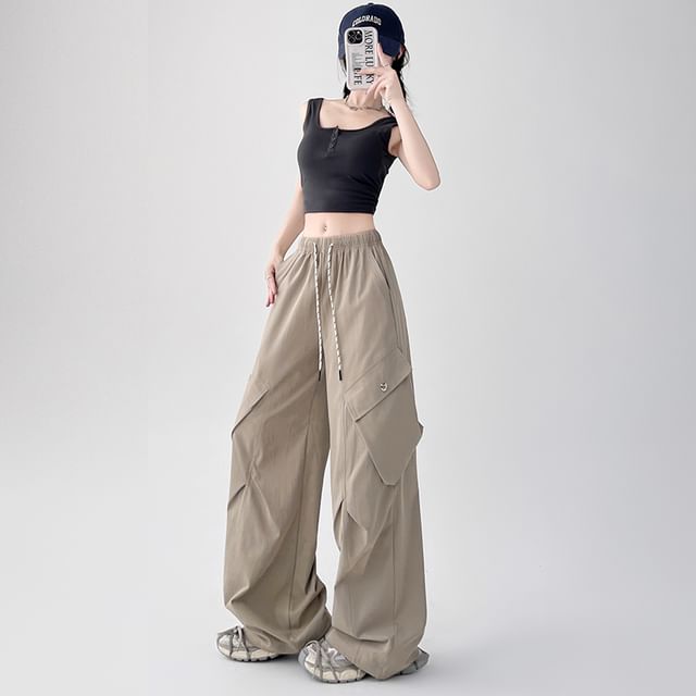 Drawstring Wide Leg Waist Plain Cargo Pants