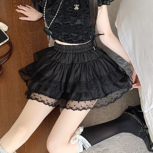 Skirt Elastic A-Line Mini Tiered Trim Waist Plain Lace