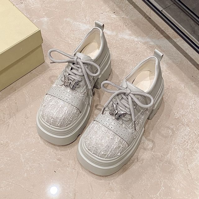 Lace-Up Leather Brogue Faux Shoes Platform Panel Tweed