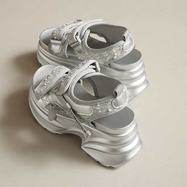 Sandals Adhesive Sequin Strap Slingback Platform