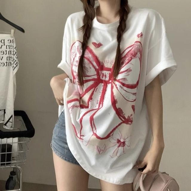 Oversized Elbow-Sleeve T-Shirt Bow Print Round Neck