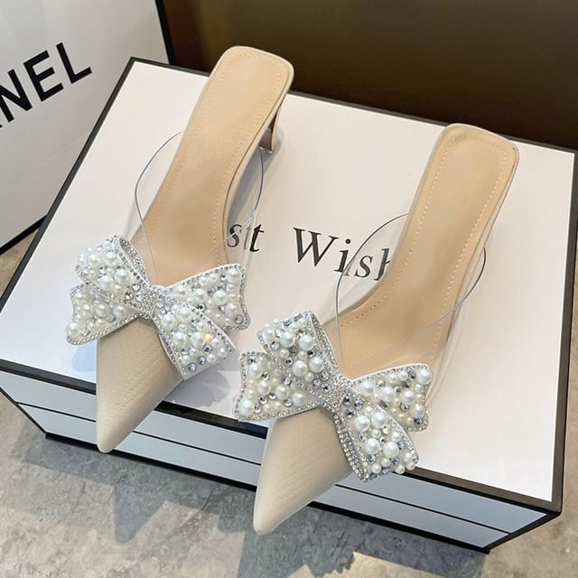 Beaded Sandals Bow Transparent Spool Heel