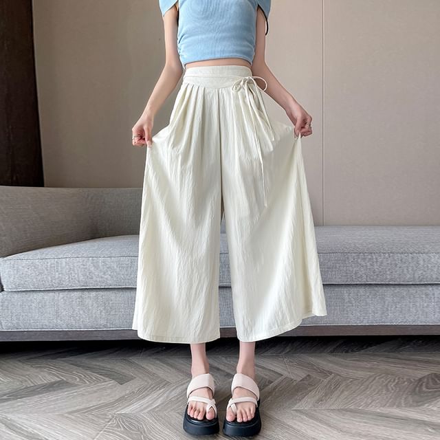 Plain Cropped High Culottes Waist Pleated