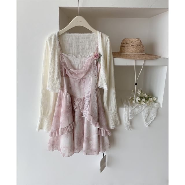 Dress Cardigan Mini + Strap Floral Plain A-Line Set: Print Spaghetti