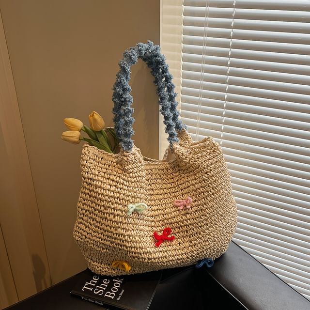 Tassel Strap Woven Tote Bag Bow