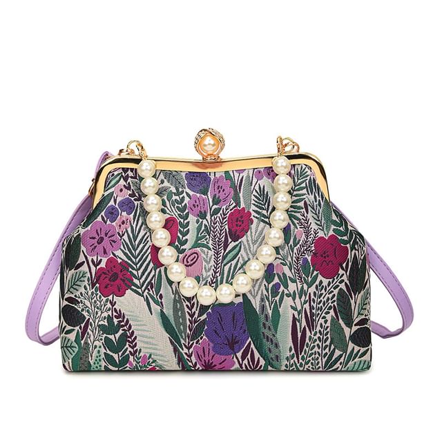 Bag Pearl Floral Crossbody Strap Faux Jacquard