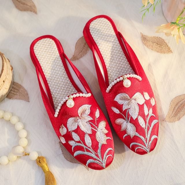 Mules Faux Pearl Embroidered Floral