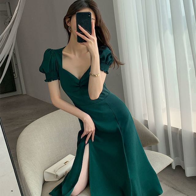 Slit Sweetheart A-Line Sleeve Midi Puff Neck Dress Plain