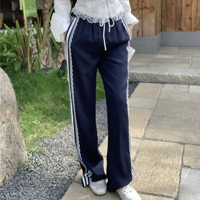 Pants Crop Long-Sleeve Blouse Trim Fit Waist Drawstring Striped Zip-Up Shoulder Cold Loose / Lace