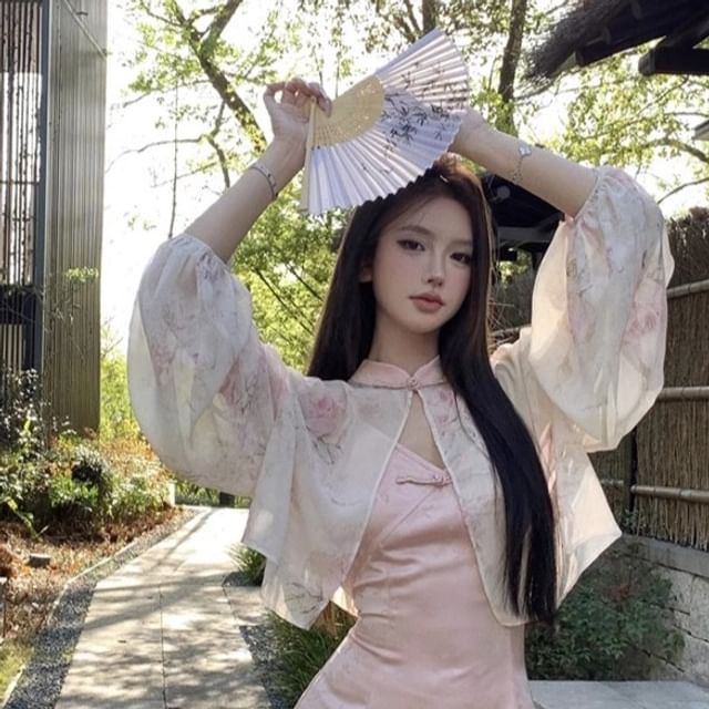 Jacquard Jacket Strap Maxi Mandarin Frog Closure Floral Slit V-Neck Light / Sheath Dress Spaghetti Collar Print