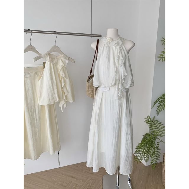 A-Line Rise Halter High Ruffle Midi Blouse + Plain Skirt Set:
