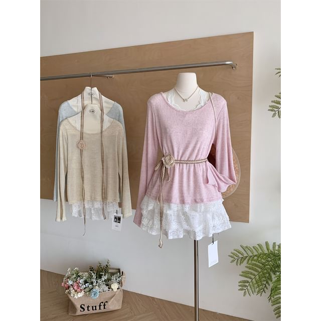 Neck Tee Plain Round Trim Long-Sleeve Lace