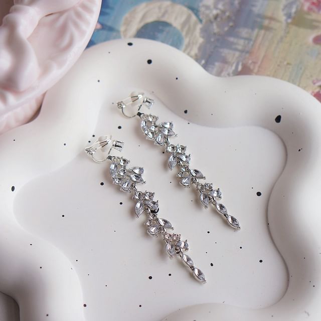/ Earring Rhinestone Drop Leaf Clip-On