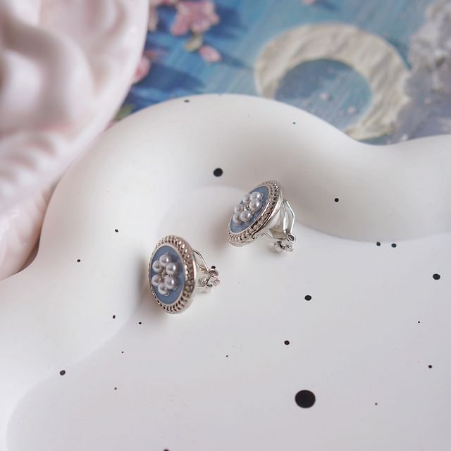 Flower Rhinestone Faux Pearl Ear Stud / Clip-On Earring