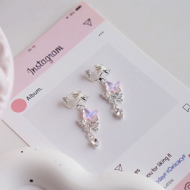 / Rhinestone Drop Earring Clip-On Pearl Faux Butterfly