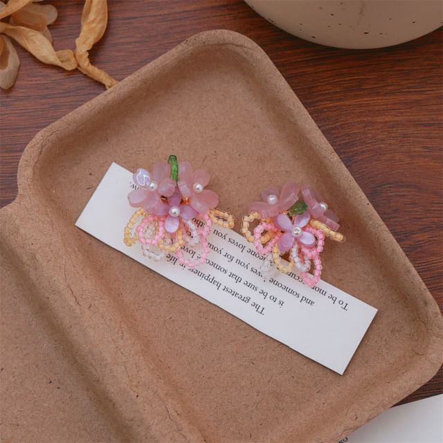 Flower Faux Pearl Beaded Ear Stud / Clip-On Earring