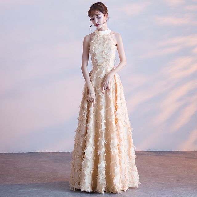 Halter-Neck A-Line Feather Gown Evening