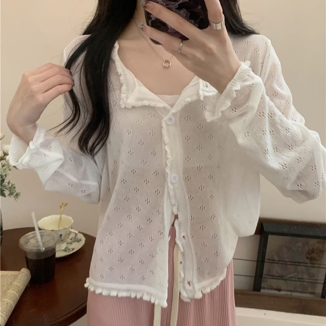 Knit Pointelle Lettuce Plain Cardigan Edge