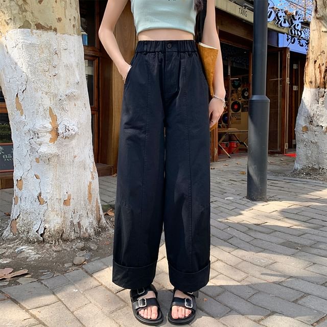 Elastic Cropped Wide Leg Waist Plain Pants