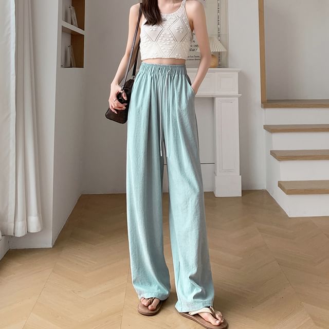 Drawstring Plain Pants Waist Wide Leg