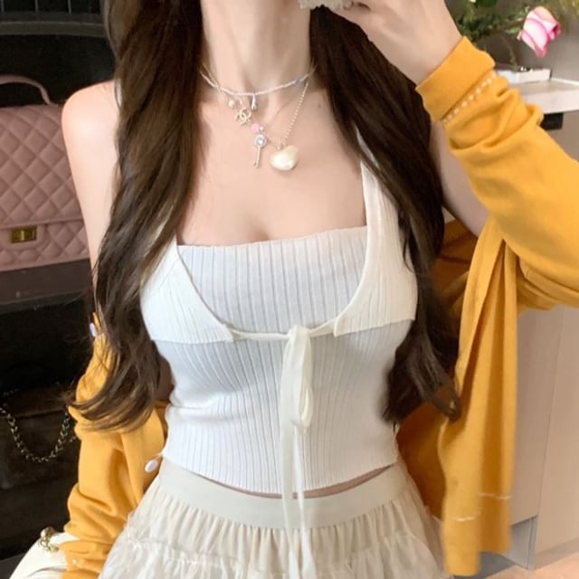 Contrast Ribbed Stitching / Top Round Plain Tank Crop Front Neck Tie Cardigan Knit