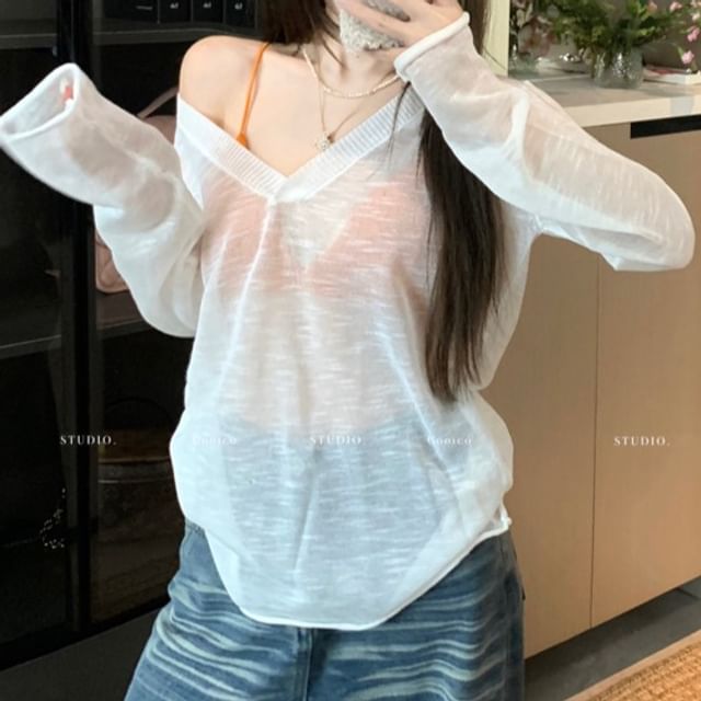 Bralette Top Knit / Plain Long-Sleeve V-Neck