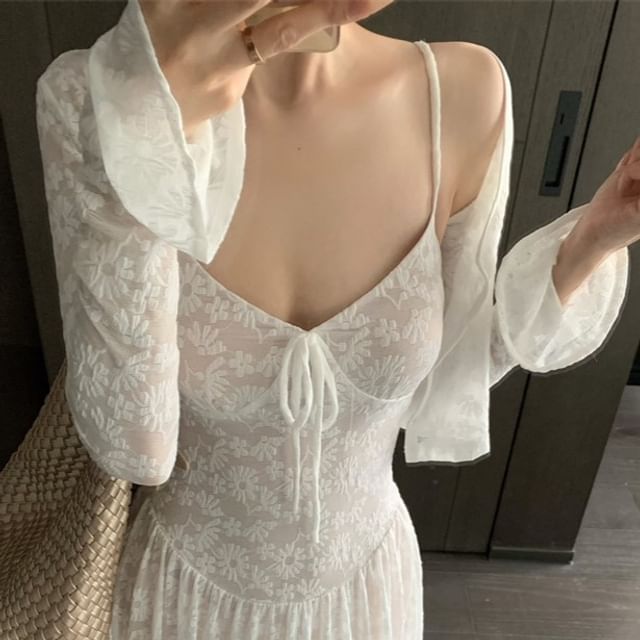 A-Line Strap Floral Dress Jacquard Spaghetti Bolero / Maxi