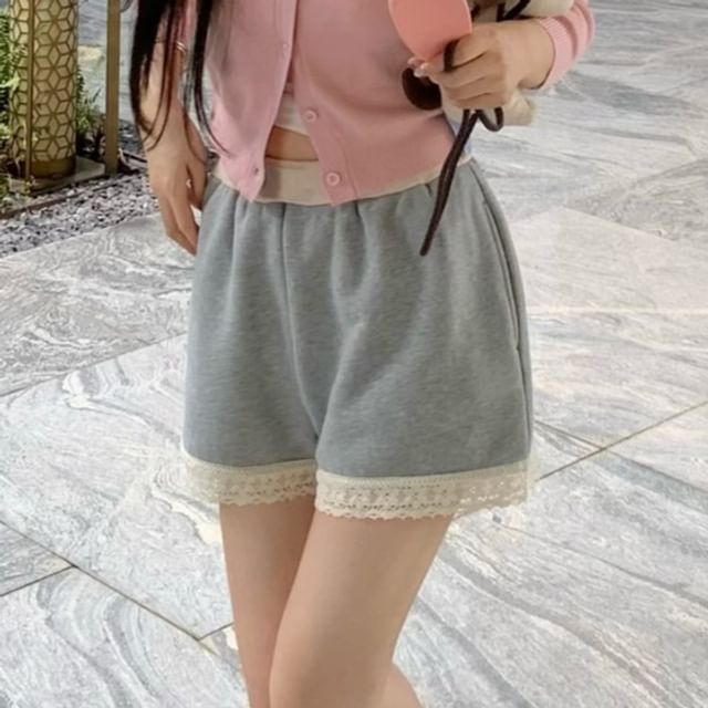 Shorts Cardigan / Round Waist High Neck Padded Camisole V-Neck Top Sweat Plain Lace Panel